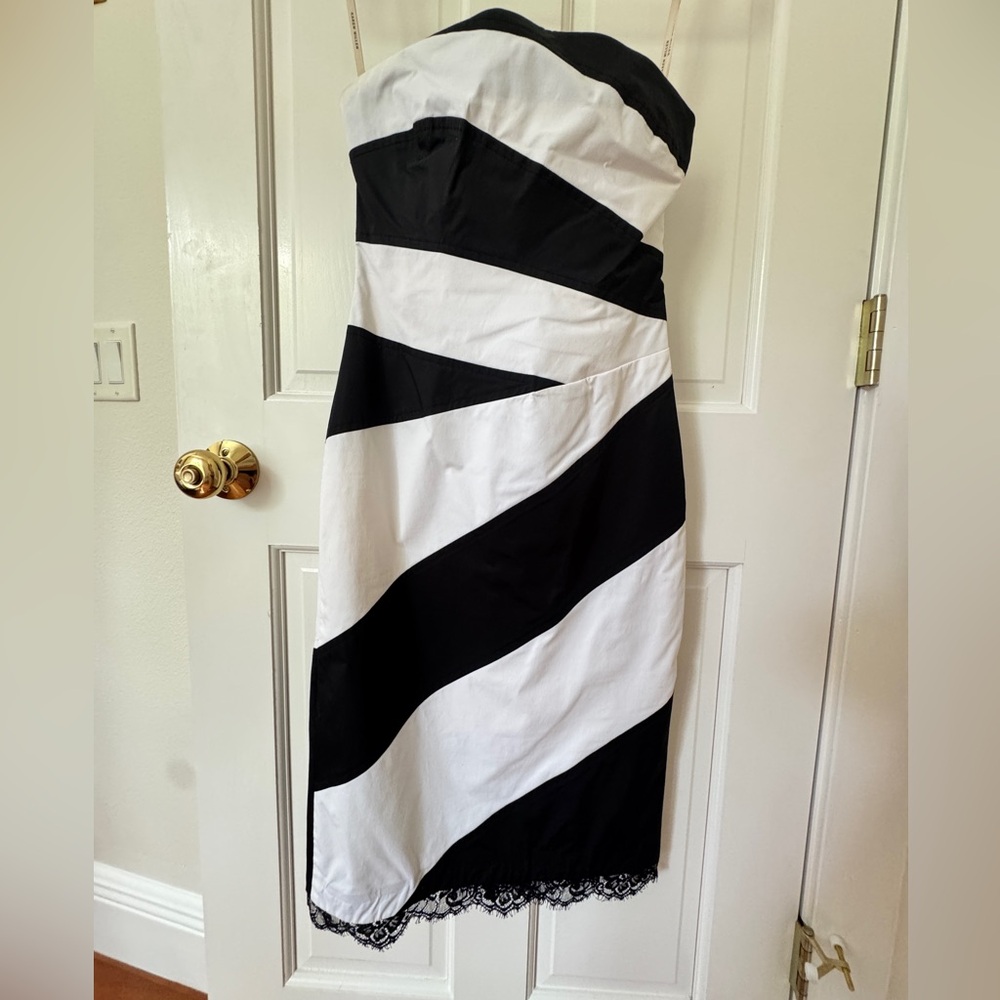 Karen Millen Strapless Black and White Chevron Dress with bow and lace trim